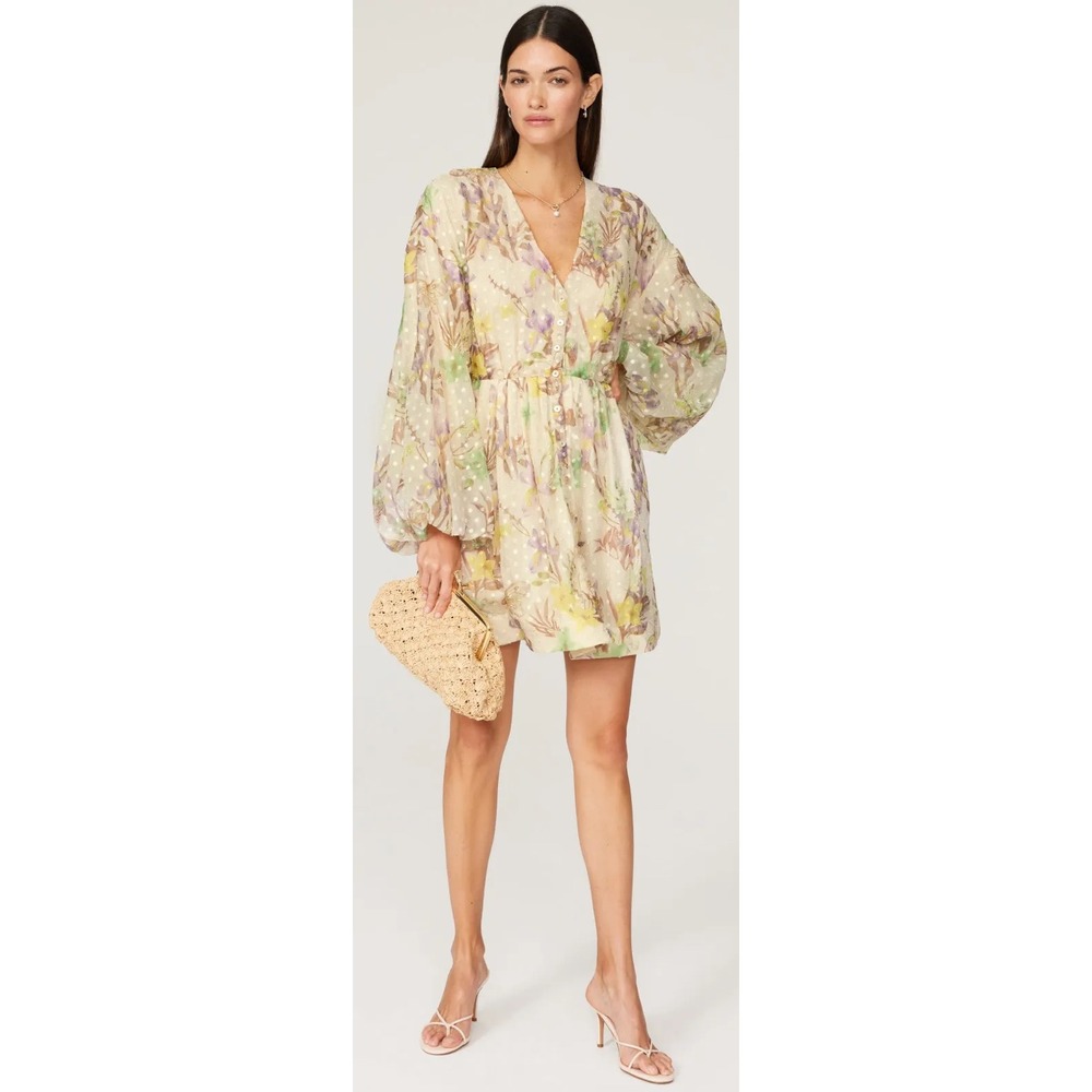 Alexis Floral Print‎ Mini Dress Balloon Sleeve Button Front Tie Waist Sheer